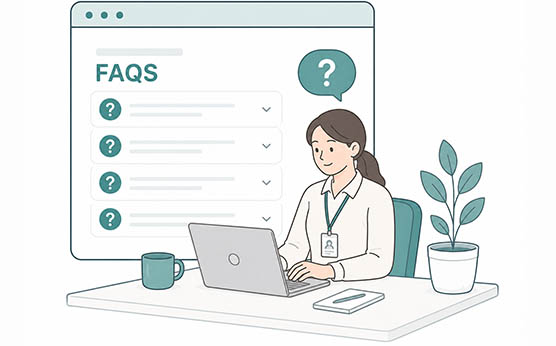 Ilustración de una profesional administrativa del sector salud con carnet institucional utilizando un computador portátil para consultar información y responder preguntas frecuentes sobre cursos de habilitación en salud.