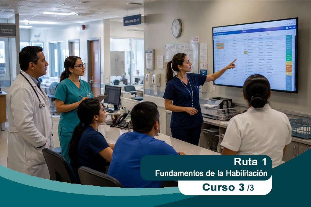 Profesionales de salud en una estación de enfermería revisando información, representación de los siete estándares de habilitación.